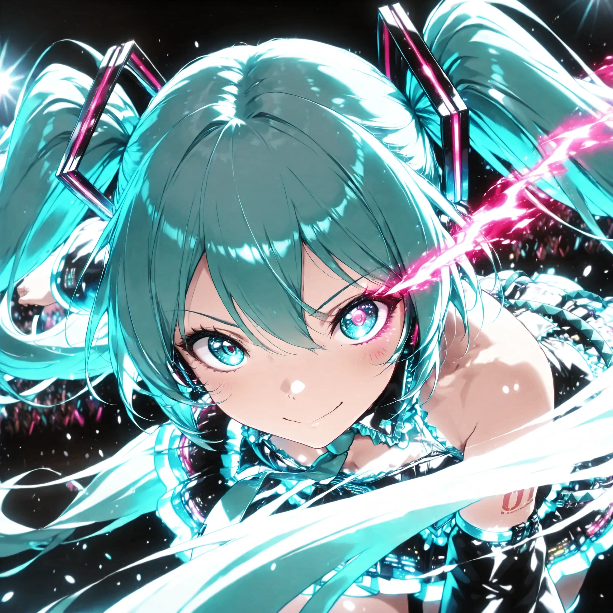 Hatsune Miku, colorful , neonライト, eye trail:1.4, cowboy shot,face close-up, Live Stage, lively, black background, Glowing Contours, neon, Black Light, watching viewers, Virtual Idol, ultra high resolution, RAW PHOTO, (Highest Quality:1.2, CG illustration, masterpiece:1.2, Best Aesthetics),