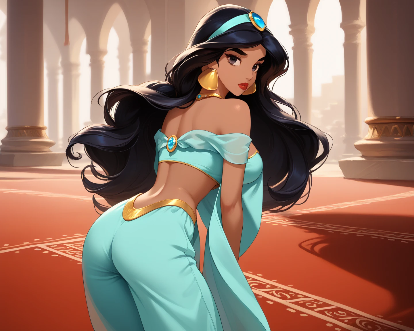  Princess jasmine,((long black hair, Wavy hair, glowing brown eyes, lipstick, makeup, narrow waist, skinny, medium breasts, alone, dark-skinned female, bare shoulders, jewelry, earrings)), pelvic curtain, ((turquoise wedding dress, Scooped up the ass)), full body, perfect body, (insanely detailed, beautiful detailed face, masterpiece, best quality) , (((solo))), (((1girl))), (((mature))), (extremely detailed 8k paper CG wall unit: 1.1), (wedding, Arabian background, dusk), (smile face for the viewer), from behind