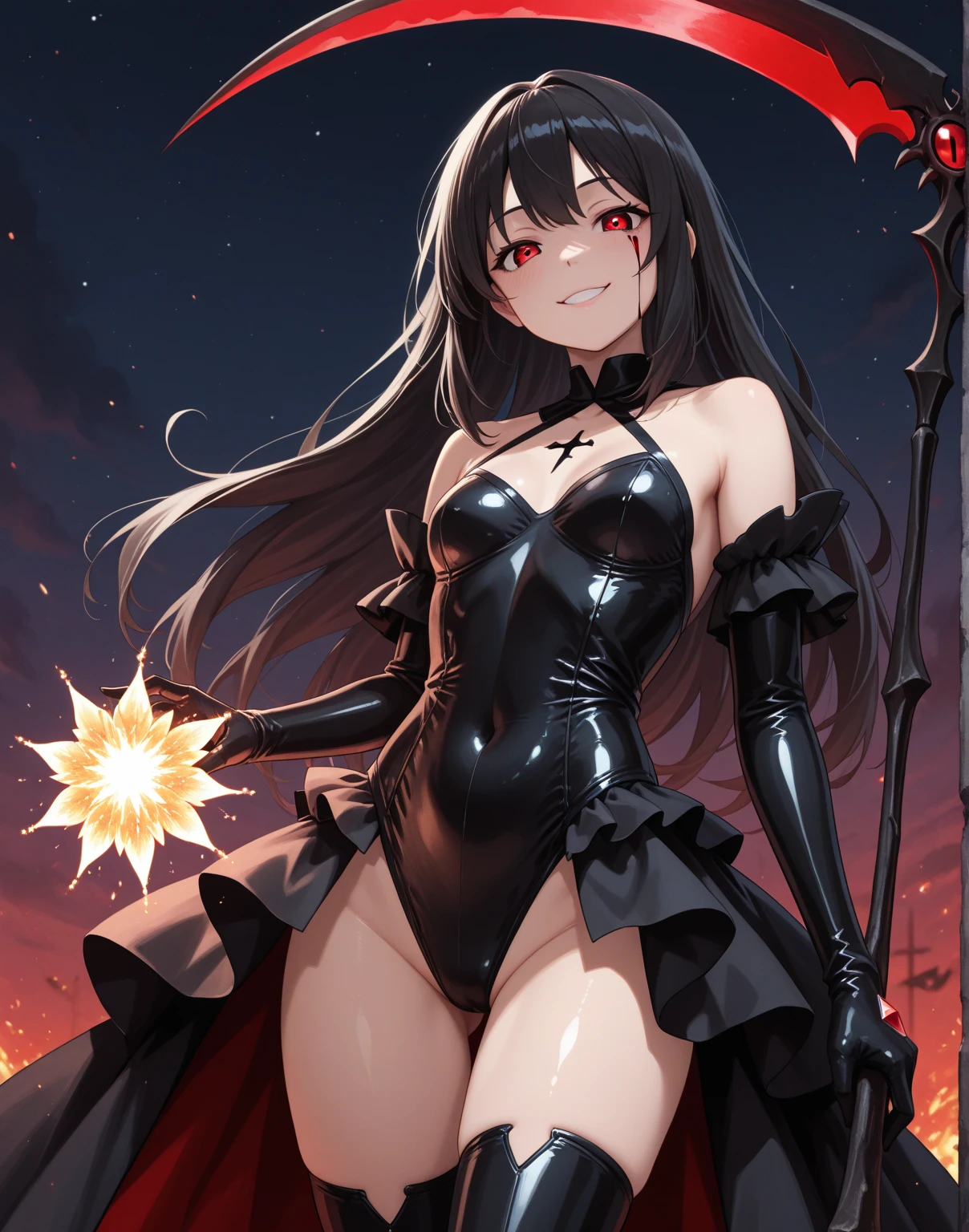 high resolution　beautiful skin　detailed picture　pretty girl　small breasts　black hair　devil　smile　Black Leather Dress　middle ages