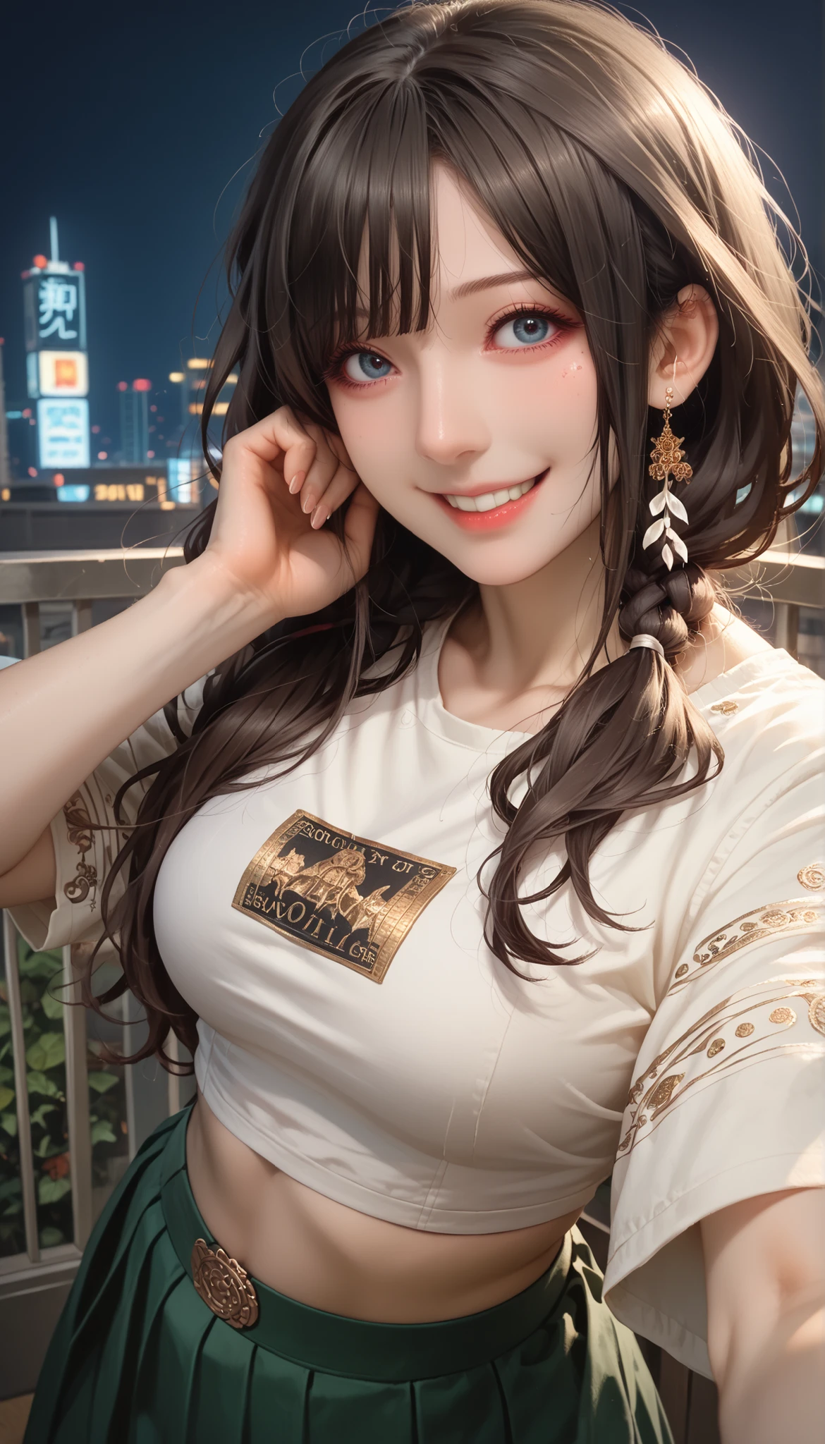 anime, 28 year old woman, taking a selfie, mischievous smile, long hair, dark hair color, stylish hairstyle, side hair long lush hair, long curls of hair pulled to the sides, Braids within the hair, curvy body, proportional body, sexy girl, beautiful mature girl, lovable character, crop top, short skirt, clarity, detailed, detailed face, very detailed drawing, smile, flirty look, city background, saturated background, perfect composition, soft natural volumetric cinematic perfect light, masterpiece