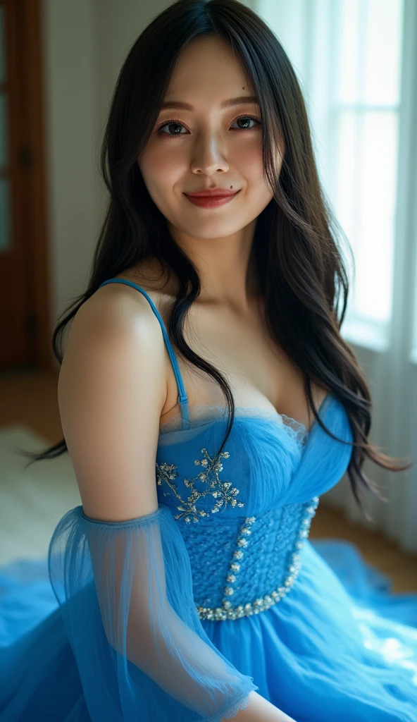 Half-length glamour portrait, nikon D850, f1.6 lens, 200mm, DSLR, 22 Megapixels, (((Luxury suite with view of the sea at sunset scene))), shot of a stunning 19 years old korean girl, (smile:1.4), (wearing Turquoise Light dress with lace details:1.6), ((seductive pose)), hot girl, (((big natural ))), (((black fringe hair))), (small girl), symmetrical face, photorealistic, photography, (bright natural lighting), gorgeous, deep cleavagerpiece), best quality, high resolution, extremely detailed, cinematic lighting, (((very narrow waist))), rich colors, hyper realistic, lifelike texture, ((jewelry)), (((She has beautiful hands and wears rings))), (bracelet), (necklace), (ankle chain), (nail polish) (earrings), Fuji Superia 200, 8k