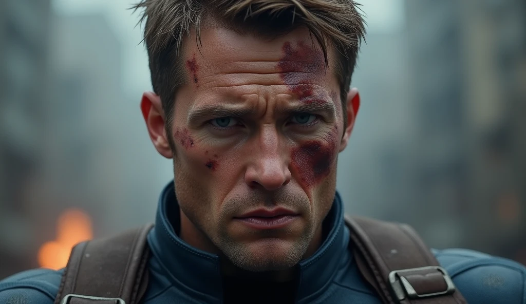 portrait of Hugh Jackman Logan as "Wolverine", wearing Xmen uniform, enraged