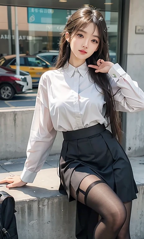 masutepiece, Best Quality,  absurderes, Looking at Viewer, Solo, Rita Rothweisse (A Summer Night's Dream), Rita Rothweisse, Shirt, pantyhose, Red Rose, Blue eyes, Blonde hair, Long sleeves, Mole under the eyes, (Hair over one eye),  frilled Shirt, white Shirt,  Seductive smile,  (ulzzang-6500:0.8), Long hair, day, outdoors  black pantyhose