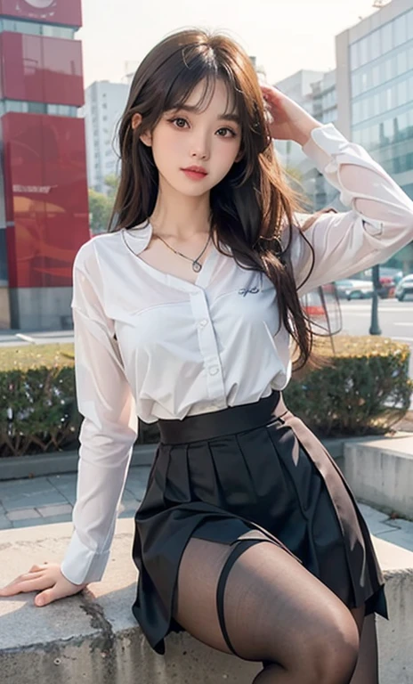 (uniform masterpiece: 1.3, best quality: 1.2), The entire image is designed like a magazine cover, full body, one woman, bangs, black choker, black tie, white hair, bracelet, chest, choker, clothes around the waist, collarbone, collared shirt, cowboy shot, dress shirt, ear piercing, eyebrows visible through the hair, gradient hair, grinning, gal, jewelry, long hair, earrings, plaid skirt, pleated skirt, ring, smile, solo, white shirt, street, illustration
