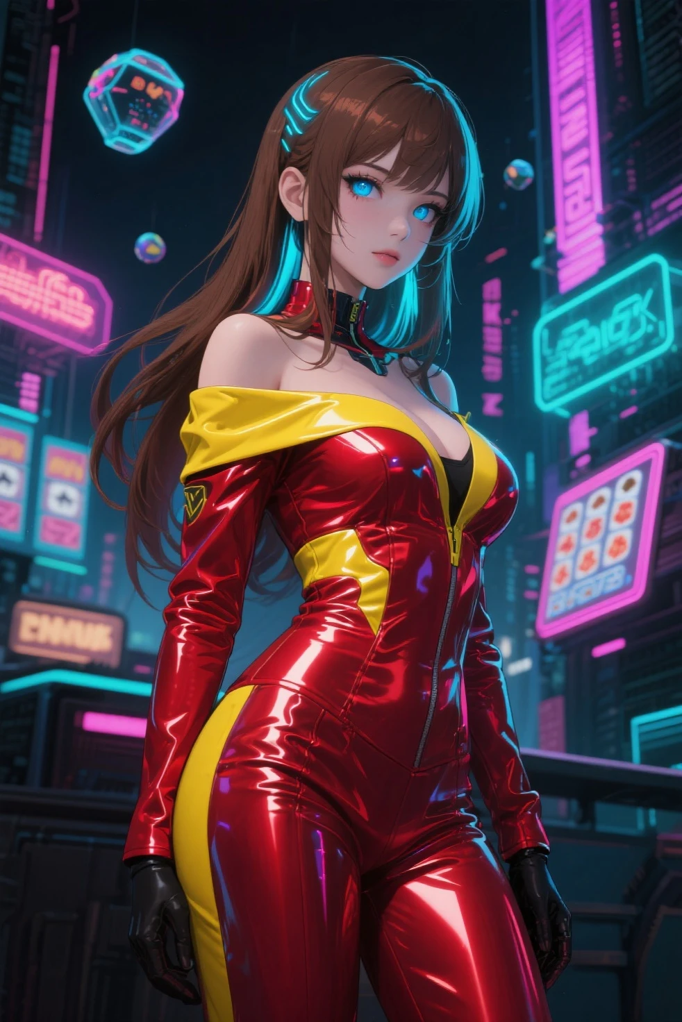 A thicc anime girl with dark red hair in a ponytail, dark blue eyes, and large breasts wearing a skintight red pilot suit, extremely detailed face and body, beautiful detailed eyes, beautiful detailed lips, longeyelashes, 1girl, hyperrealistic, 8k, HDR, masterpiece, highly detailed, cinematic lighting, dramatic lighting, volumetric lighting, dramatic pose, dynamic action, sci-fi, mecha, futuristic, neon, cyberpunk, vivid colors, rich colors.