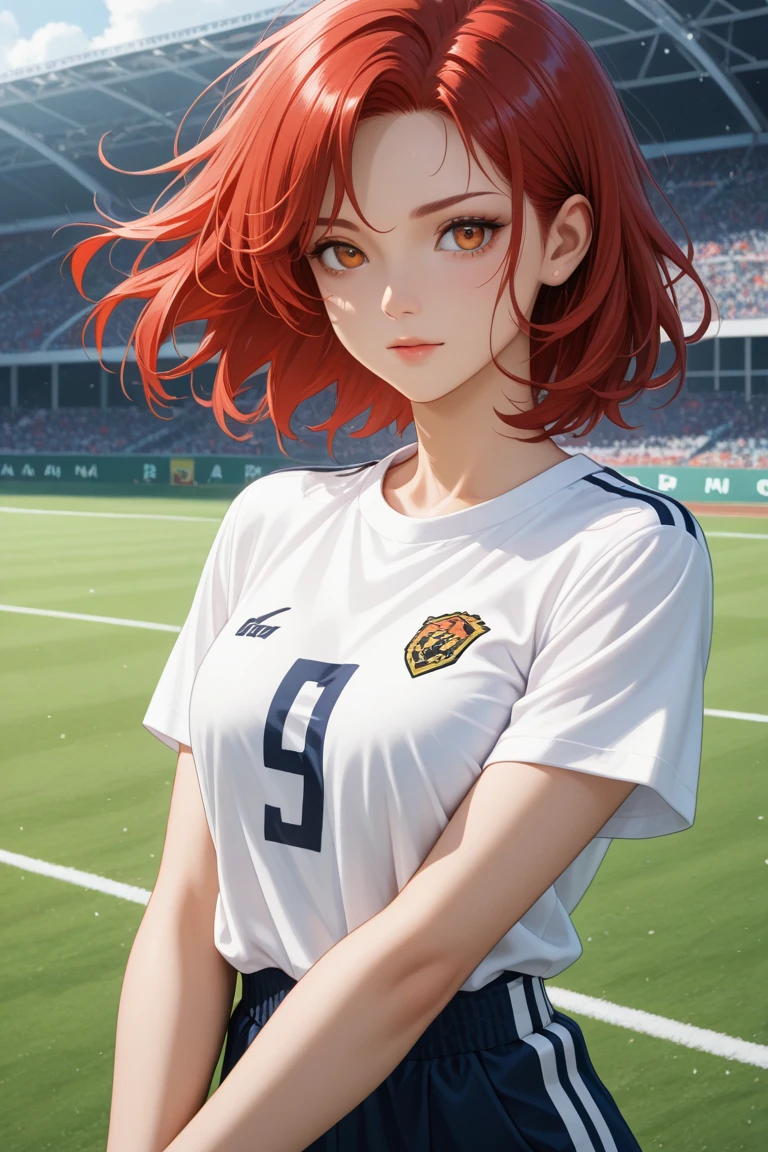 Wearing a soccer-style sports suit、A cool adult woman with orange-brown short hair。Have yellow eyes。One person&#39;s bold pose and expression、Bullish stance、Mikage Reio、masterpiece、Open your hands、Blue-purple flame background、A little bit of cyber、Sweat