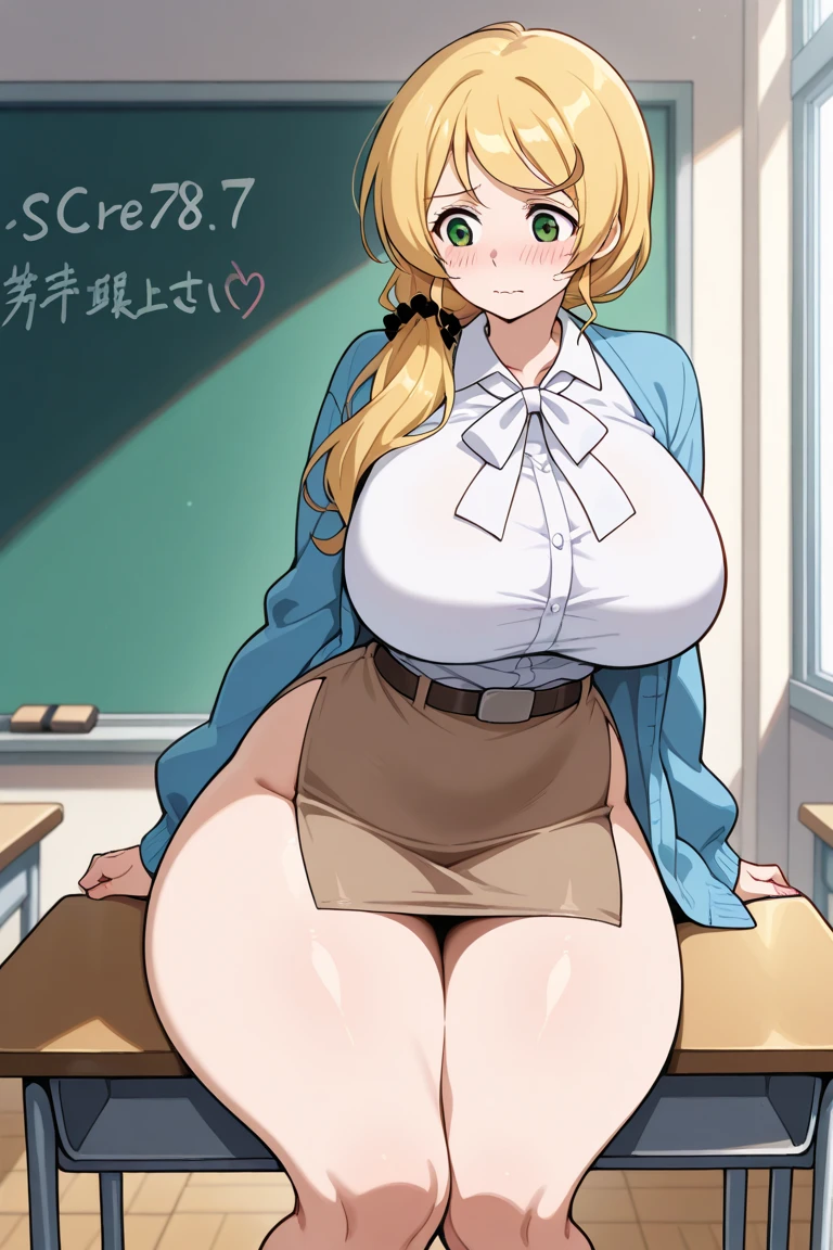 Husky teen of late adolescence with white skin, blonde hair, rosy cheeks, brown eyes, and very thick, fat, Rubenesque, muscular, toned, chubby legs and feet. She also has muscular, toned feet and legs. She is topless. Her breasts are very perky with extremely erect, pink nipples. A brown-skinned boy is looking at her. The boy is completely nude. His penis has a long line of precum that stretches from his urethra to the floor. They are in a wooden classroom setting with good lighting.