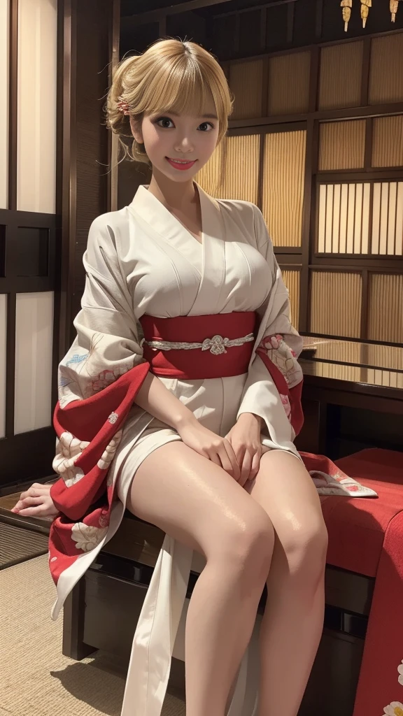 ((masterpiece)), ((best quality)), (ultra-detailed), ((kawaii)), cute, (lovely), ((sexy)), (ero), ((extremely detailed)), 4K, (8K), best quality, (beautiful), realistic, real, Japanese-style room, a cute girl, 1girl, solo, kimono, japanese cloth, beautiful white hair, ((beautiful eyes)), short hair, smile, flame effect, shiny-glistening, gleaming