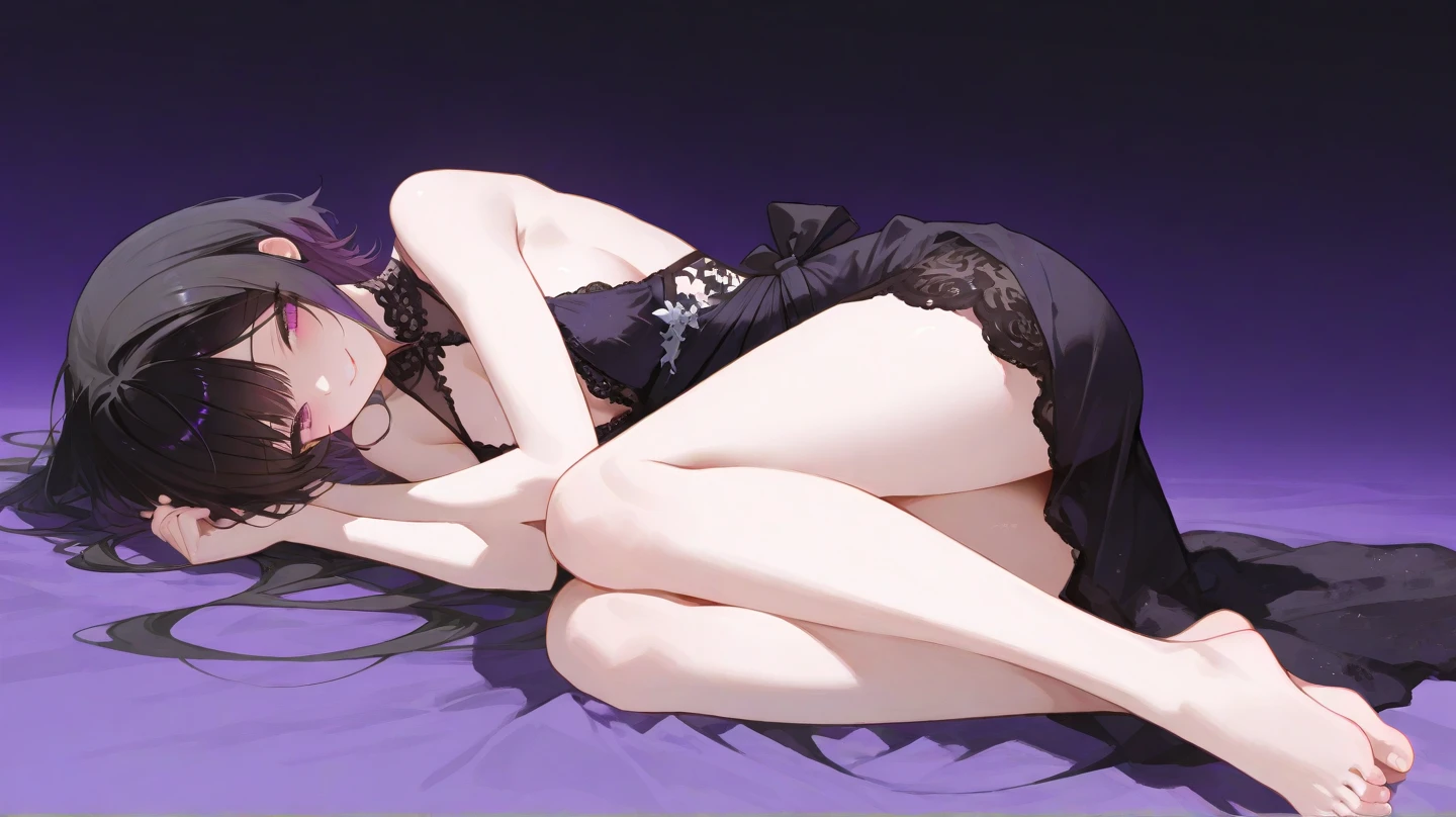 (((best quality)), ((masterpiece)), (details), masterpiece, best quality, high quality, ulutra detailed, perfect face, ((1girl, blue eyes, cat ears: 1.3 silver bob hair: 2.5,)) 、Shiny Hair、Glowing Skin、blush、Lustful look、Sleep in bed、Side Angle、whole body、Purple Babydoll、barefoot、Purple lace panties、Butt、Sideboob、