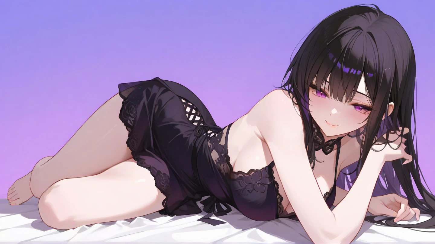 1girl, short black hair, purple eyes, wearing black crop tops, lingerie underneath, sitting on the edge of the bed, smirking at user, 8k, high quality