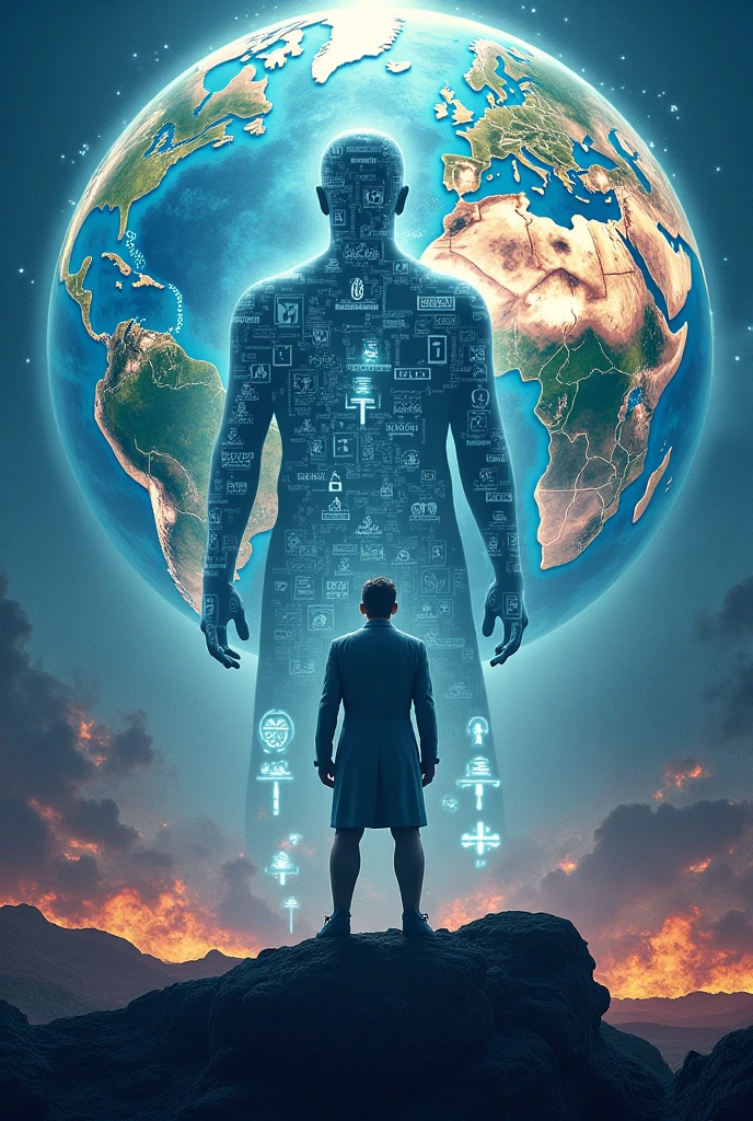 Al entity holding Earth in a contemplative pose reminiscent of Rodin's "The Thinker" \n Cosmic universe background with swirling galaxies and stars \n Hyperrealism, Dynamic lighting, Cinematic, volumetric, ambient, golden ratio, soft focus, shot on ARRIFLEX 35 III Eastman film anamorphic lens, film style
