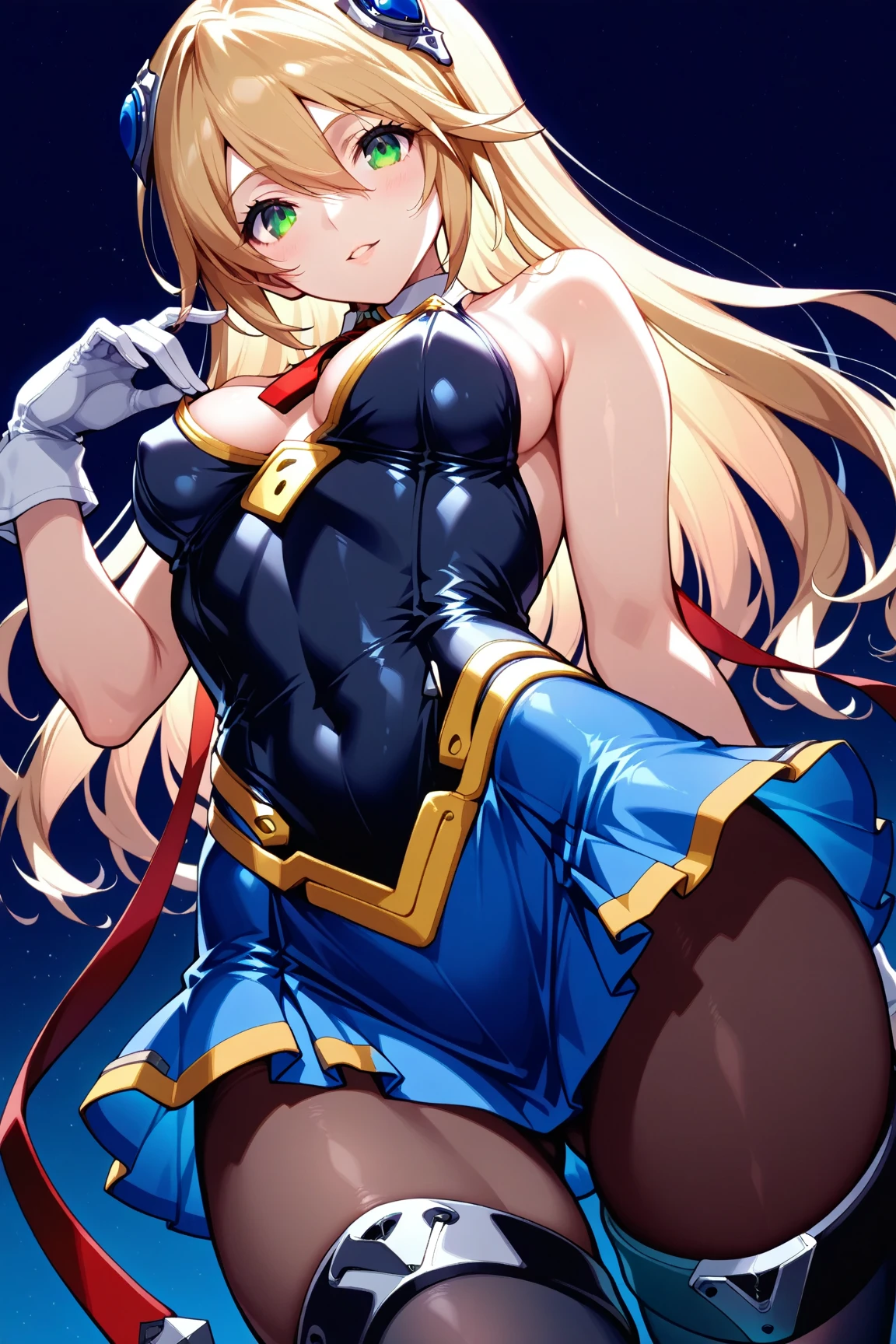 masterpiece, best quality, absurdres, looking at viewer, (light_smile:0.6),
1girl, ahoge, rabbit ears, playboy bunny, artoria pendragon \(swimsuit ruler\) \(fate\), large breasts , blonde hair, green eyes, french braid, pony tail
bare shoulders, large breasts , cleavage,
clothing cut out, wrist cuffs, detached collar, cutout, feather boa,
white leotard, blue necktie, blue pantyhose, single thigh strap, hands_above_head,(squat:1.3),(spread_legs:1.3),rabbit_pose,solo,stretch_fingertips
