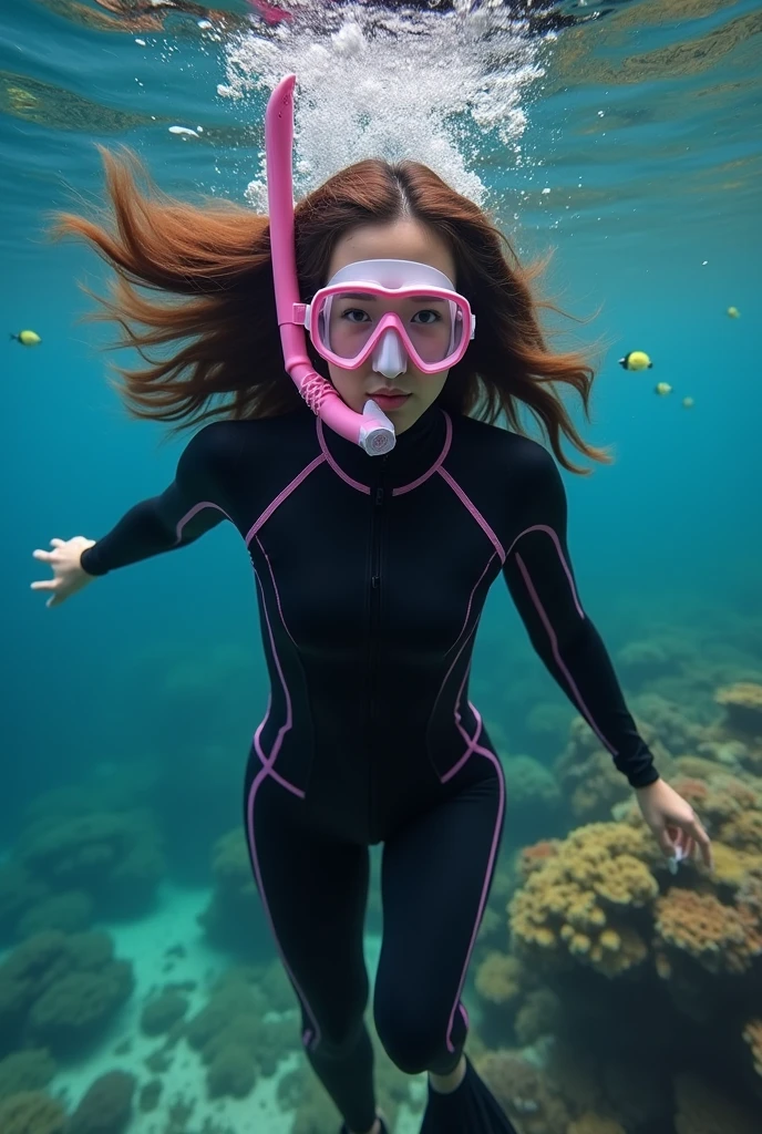 Woman, European, 22 years old, wearing a long sleeve adidas Tshirt, colouful leggings, diving, underwater photo, floating hair, floating clothes, coral, diving goggles, smiling, Masterpiece, ultra detailed, 8k