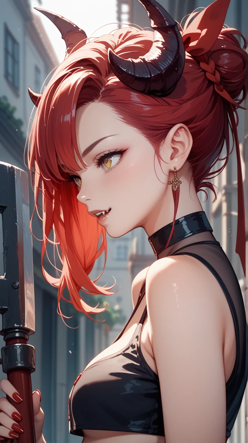 girl with ballerina buns red hair, red eyes, futuristic vibes, side profile view, earings, 8k, high quality, simple background, glowing eyes, nice pose