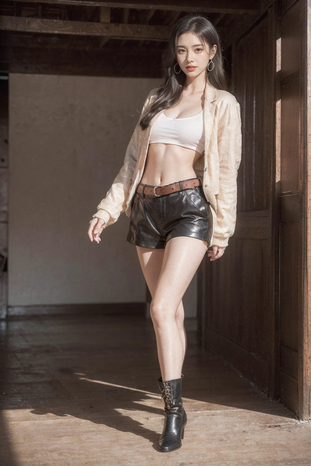 masterpiece, best quality,Medium Length Hair, Full body portrait,Openwork tight leather jacket , Sexy, Lopez, exhibit,Camel toe,Realistic images,8K, Ultra high quality, masterpiece, precise, Textured Skin, High Detail, best quality, Awards,((Long-range shooting,Sense of distance,Full body image)), High resolution, 1080P, HD, 4K, 8K, 16K、(((and insert))),best quality、16K high resolution、Super detailed、masterpiece、Live shooting、Practical:1.4、Surrealism:1.4、Clear focus、Very delicate and beautiful