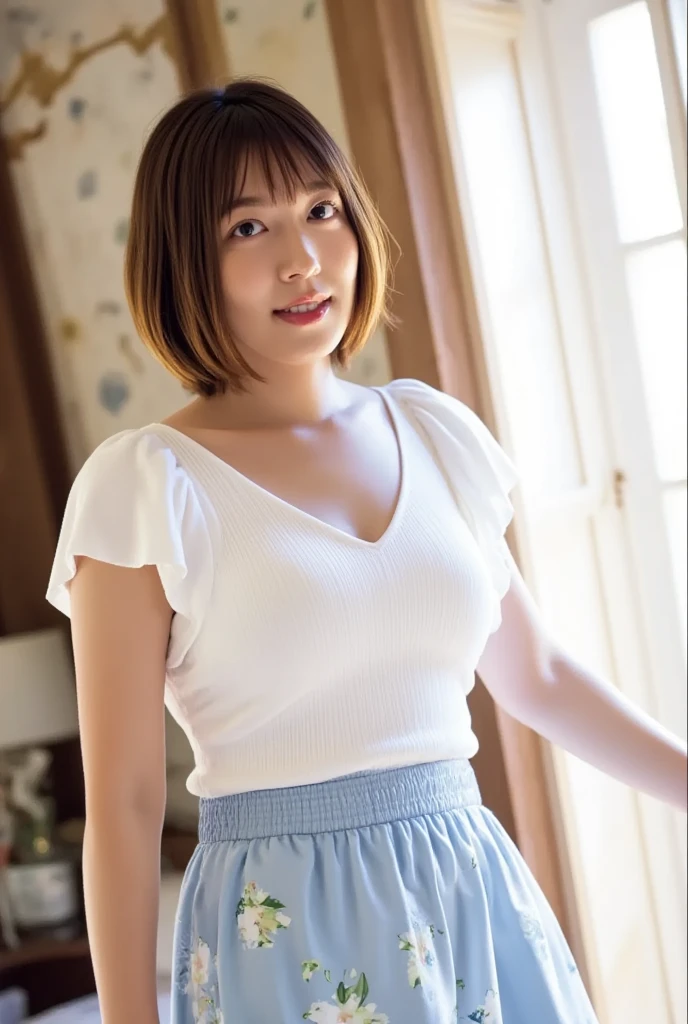 ighly detailed、masterpiece、top-quality、Ultra-high decomposition energy A、8K High Resolution、Photogenic clarity、A detailed eye、Gradation、perfect anatomy body proportions ,hard disk、nffsw (English) (English) , Nikon Z9 80mm Lens , masutepiece、Model Standing、Light blue panties made of lace material、White tight t-shirt、The dress is made of white lace material(((Show me all my panties)))、(((The skirt is definitely worn)))、(((Lift skirt hem)))、panties focus、too bright natural light、Sunshine、Detailed lace panty pattern、Ordinary panties、(((while standing, Lift your skirt to show your panties to the camera)))、(((Beautiful alignment and snow-white teeth)))、(((Lift the skirt bigger and bigger,、Show your panties to the camera)))、Ultra Slim Body, Big breasts、Body type of slender model、Beautiful posture、