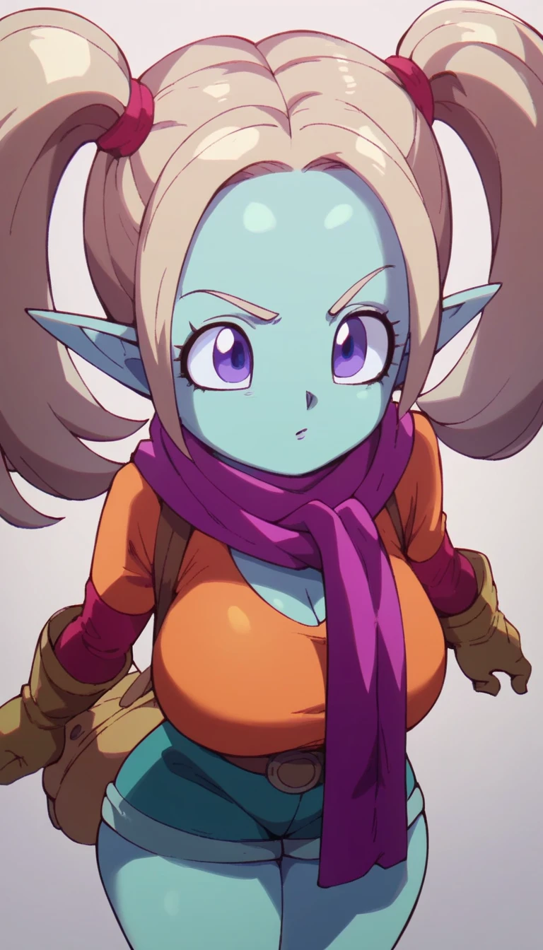 green skin, goblin, adventurer, backpack, spear, leather belt, vest, long ears, pointy ears, elf ears, thin clothes, open shirt, breasts, curvy, ecchi, short, shortstack, pigtails, purple hair