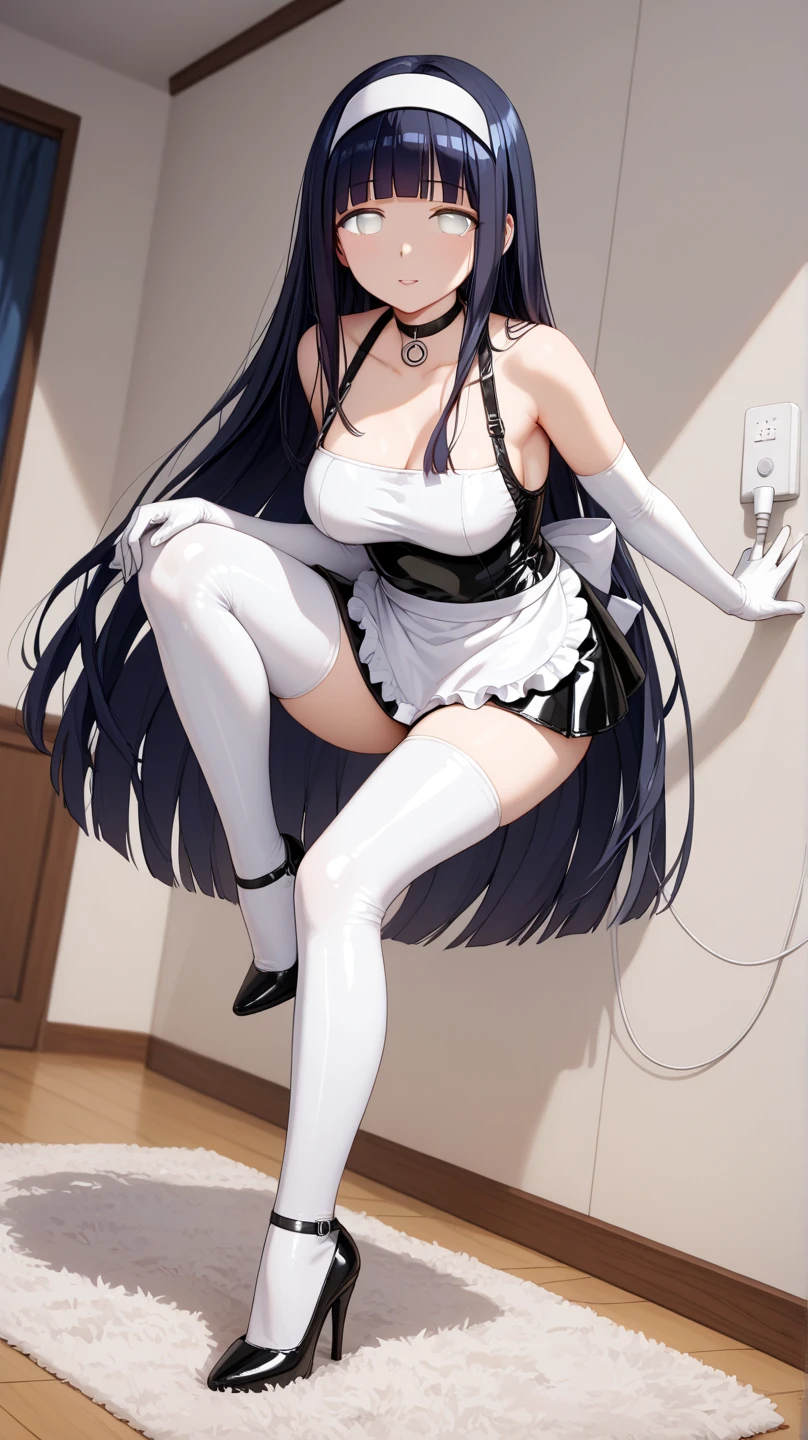 (masterpiece, best quality, extremely detailed CG, beautiful detailed eyes, ultra-detailed, {{{in the motel room}}}, intricate details: 1,2), 8K wallpaper, elaborate assets, (1 girl, Only : 1.4), standing, (anime style textures), very high resolution, (vibrant colors, dynamic lighting: 1.0), (high contrast: 0.8), cookie (Danmachi), breasts, long hair, blue ribbon, (Double tails ), gloves, ribbon, dress, king no, lust, big breasts, blue eyes, black hair, (slender), white gloves, cleavage, white dress, hair ribbon, bow, sleeves, sleeves dress, fringe, cropped neckline, hair ornament, bow tie, cut-out clothes, very long hair, level dressing, arm ribbon, (full body: 1.1), smile, cute, muscular legs, muscular belly, long pants, standing, barefoot
