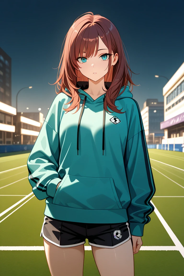 mastute piece,Best Quality,insanely detailed,8k cg,nsfw,
(shoot upper body:1.3),
(1girls:1.3),standing,looking at viewr,body in front,both arms behind back,(school-tracksuit:1.3,buruma:1.3),(bare breasts:1.1),(bare nipples:1.1),
break,
blush,shy,(ecstasy face),(trembling:1.2),break,(light red hair:1.2),
break,
perfect breasts,perfect teats,(open mouth:0.9),(large breasts:1.2),
(outdoor sports field)、