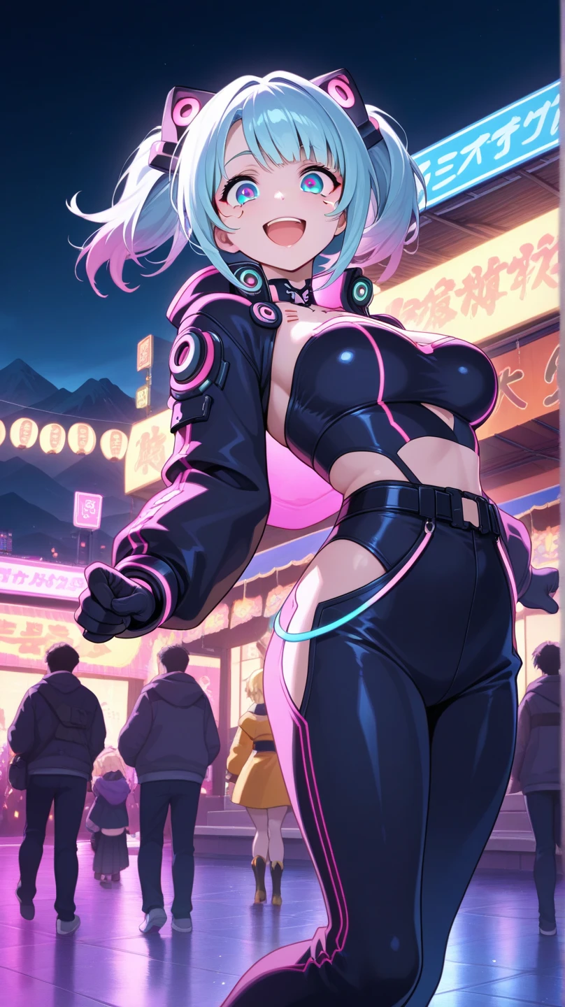 (best quality, masterpiece), 1girl, cyberpunk, neon, cloudy sky, (cartoon: 1.5), sexy, string, big breast, tight, petite, small, neon signs, ramen shop, crop top, fish net, really low waist, transparent, very long hair