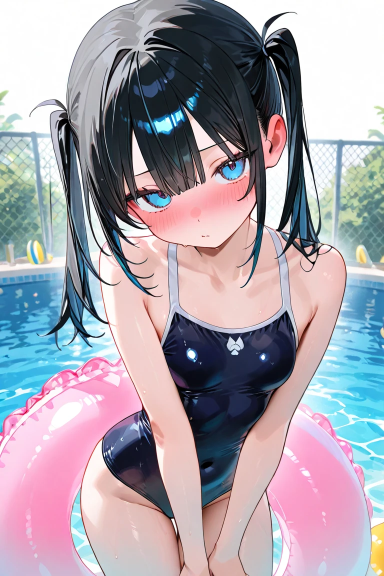 Funny, comical, , 5 years old, todler, swiming pool background, (Playful), toys, illustration, A high resolution, Vibrant colors, Soft lighting, Random actions,Wear randomly,Random angles,(Exquisitehands:1.5)(Perfect body proportion:1.5)(More refined anime eyes:1.5)long hair,random hair style
