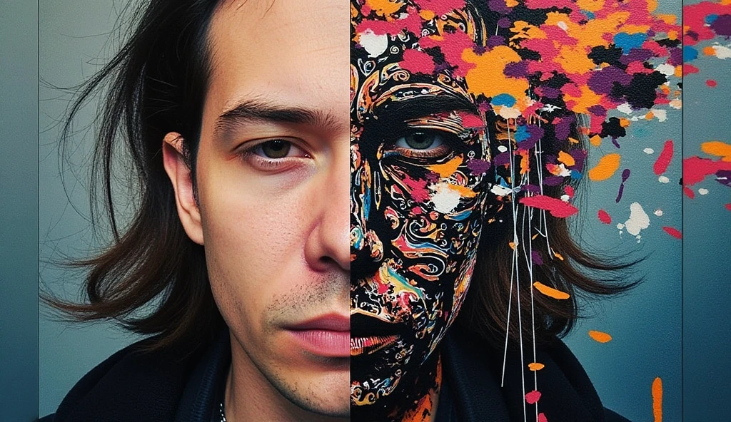 . (a man that is standing in front of a painting, a hyperrealistic painting, inspired by Sam Spratt, shutterstock contest winner, shock art, man carving himself out of stone, cracking glass through reality, art in an absurdist style, devouring)