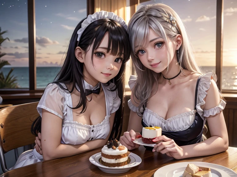 2girls absurdres alcohol alternate_costume amondo animal_ears asymmetrical_docking black_bow black_bowtie black_hair blonde_hair blue_archive blue_bow blue_bowtie blue_eyes blue_leotard blush bow bowtie braid breast_press breasts cleavage covered_navel detached_collar double_v fake_animal_ears fake_tail french_braid full-face_blush highleg highleg_leotard highres holding holding_tray large_breasts leotard long_hair medium_breasts multicolored_hair multiple_girls official_alternate_costume playboy_bunny rabbit_ears rabbit_tail red_eyes red_leotard revision rio_(blue_archive) sideboob streaked_hair sweatdrop tail toki_(blue_archive) toki_(bunny)_(blue_archive) tray v very_long_hair