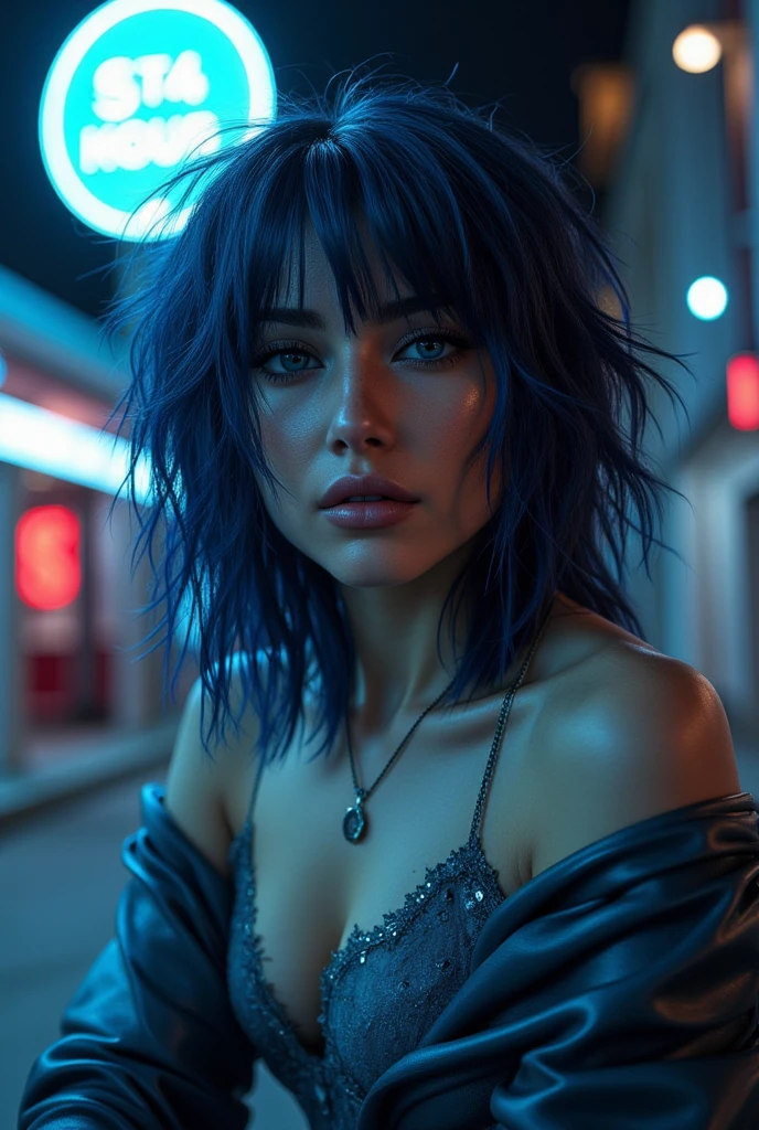 30 yo,realistic hardcore woman ,blue-purple hair,Scarlett Johansson in Ghost in the Shell,Public Security,(1 girl),realistic ghost in the shell with guns,Wearing a white Fishnet tights and long trench leather coat,(beautiful eyes:1.2),(beautiful face:1.3),(detailed face:1.3),(smile),(muscular:1.1),(sensual:1.3),(thick thighs:1.2),(Body moistened with sweat),(background is black:1.5),(blur background:1.2),(master piece,highest quality,ultra high resolution,Super detailed,8K),wallpaper,The background is Cyberpunk City