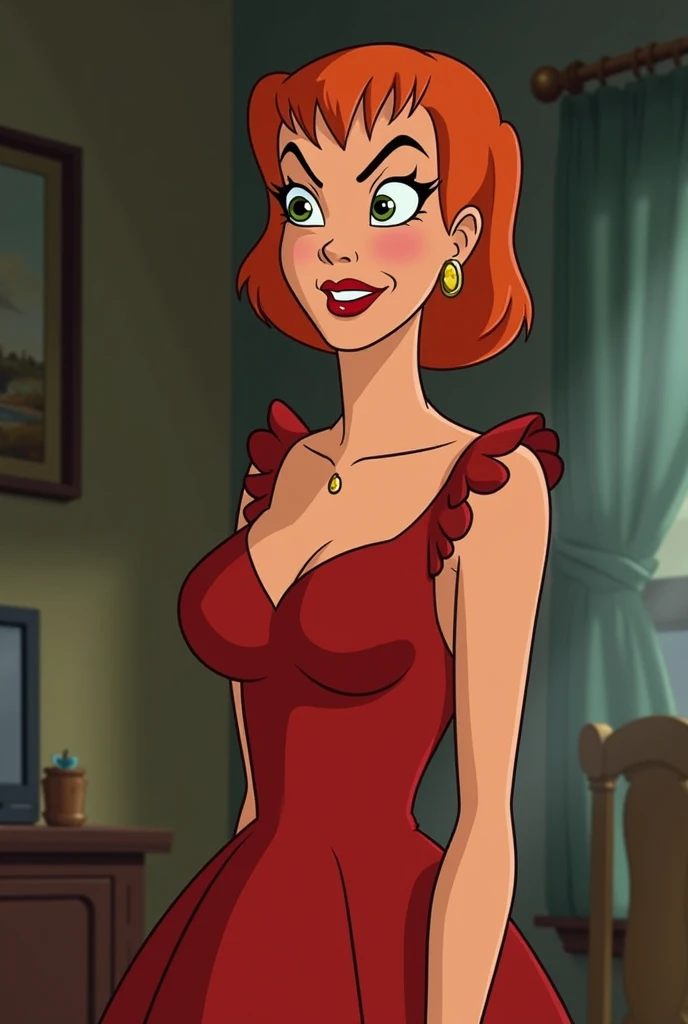 Lois Griffin, 1 girl, blue earrings, short hair, Alone, lipstick, Orange hair, aquamarine shirt, beige pants ,looking at the viewer, smile, ((huge ass))), small waist, big breasts, Tight clothes, sexy,