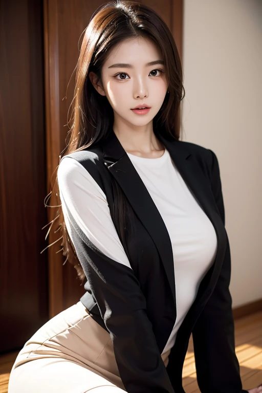 arafed asian woman in a white shirt and black skirt posing for a picture, jaeyeon nam, gorgeous young korean woman, beautiful south korean woman, korean girl, beautiful young korean woman, korean woman, heonhwa choe, korean women's fashion model, lee ji-eun, lee ji - eun, hwang se - on, smooth white tight clothes suit, sexy look, big breast