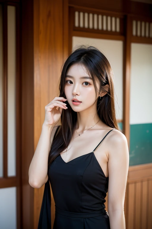 1girl ,Sitting on chair,cross one's legs,Soft light,Chinese beauty,A dark-haired,length hair, blurred background