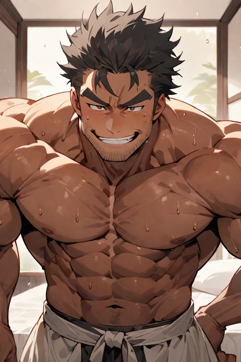 high quality, detailed, (22 years old japanese idol wrestler boy), (detailed black eyes), (black short hair), (muscle:1.5), (dark brown shiny skin:1.3), black tiny thong, bulge,(detailed nipples), yard, dungeon, (best quality,4k,8k,highres,masterpiece:1.2), smirk, face close up,