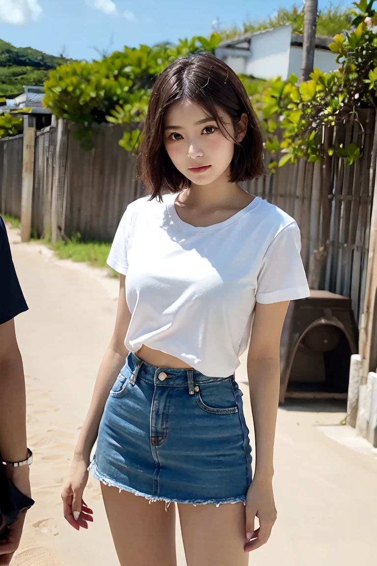 (8KHigh resolution), (highest quality), (RAW Image Quality),(Tabletop:1.2), (Realistic), (Realistic:1.37), Long eyelashes,Exquisite(Live-action Realistic style),((Cowboy Shot:1.4))、((Shot in the back:1.4))、The ultimate face,Realistic light and shadow,Distinctive facial features,Milky skin,Fair skin, Skin with attention to detail,Realistic skin details,Visible pores,(Very detailed),((Short hair girl:1.4))、(Flowing Hair),Take the best portraits,Close-range shooting,Very detailed, One Girl, cute,Beautiful and beautiful eyes, Beautiful and sophisticated nose, Very detailedな肌、(eye contact),(Medium sized chest)、((Medium Breasts:1.4))、(Beautiful face with double eyelids),((Full body image)), (realism: 1.4),High resolution, Great details, ultra High resolution, ((Give your audience your best smile:1.4))、Favorite Details, High condensation,Delicate and beautiful face,,18-year-old,(Beautiful Face 1.4),thin, ((White short sleeveTshirt:1.4))、(A denim mini skirt that accentuates your thighs:1.7)、((Photo taken on the sidewalk:1.4))、carrying a pink handbag、