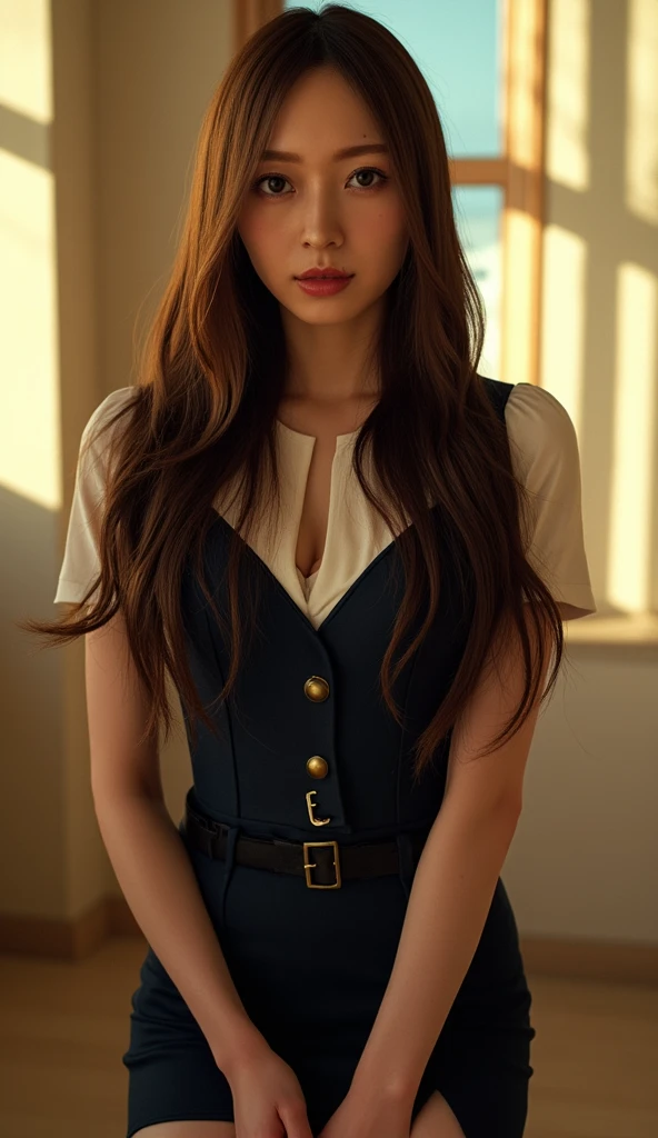 (masterpiece、top-quality、ighly detailed、8K picture quality、wall-paper、ultra-detailliert)、(Raw photography:1.2)、Put your hands on your hips、Strong eye shine、look up to、Upper Eyes、Soft hair、long hair split in the middle、very red lips、Fangs are visible from the mouth、morbidly white complexion、Skin with blue blood vessels showing through、((movie、The role of a beautiful female vampire))、Midnight Bedroom、 1girl in、10Early generations、small head、((very thin waist:1.1))、White pantyhose、Sleeveless、((((Light pink clothes:1.2))))、(((Armani Men's Suit、Naked under a suit、no-bra)))、pencil skirts、((Big breasts:1.1))、(Clothes that show through the skin))、Provocation、
