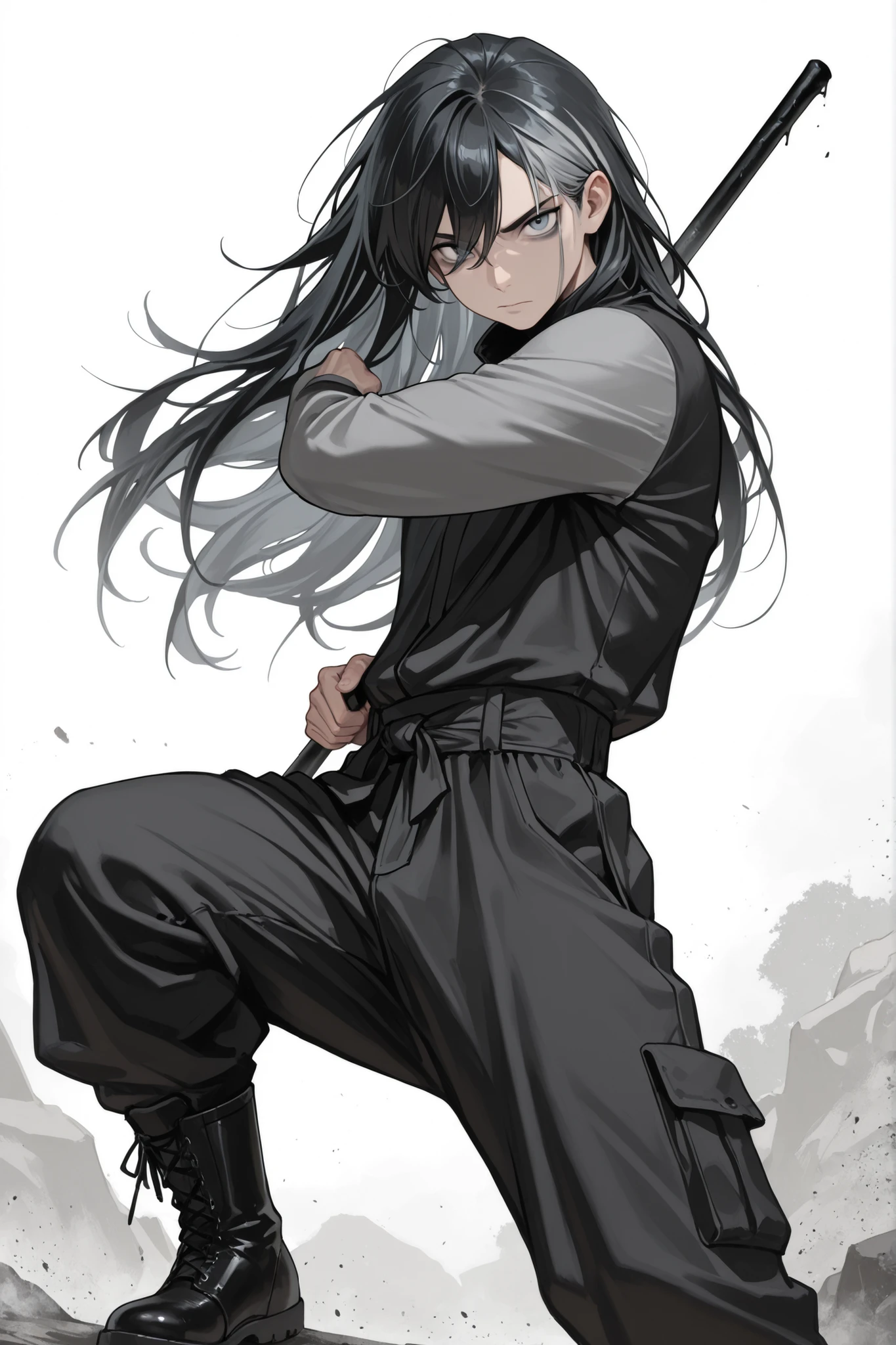 (Masterpiece, absurdres, newest topquality) 1boy, solo, maturemale, malefocus, long hair, black hair, grey streaks, blue-greyish eyes, form fitting longsleeves, black cargo pants, black boots, standing, fighting pose, white background, looking at viewer, hold a long black stick, tall, lean build