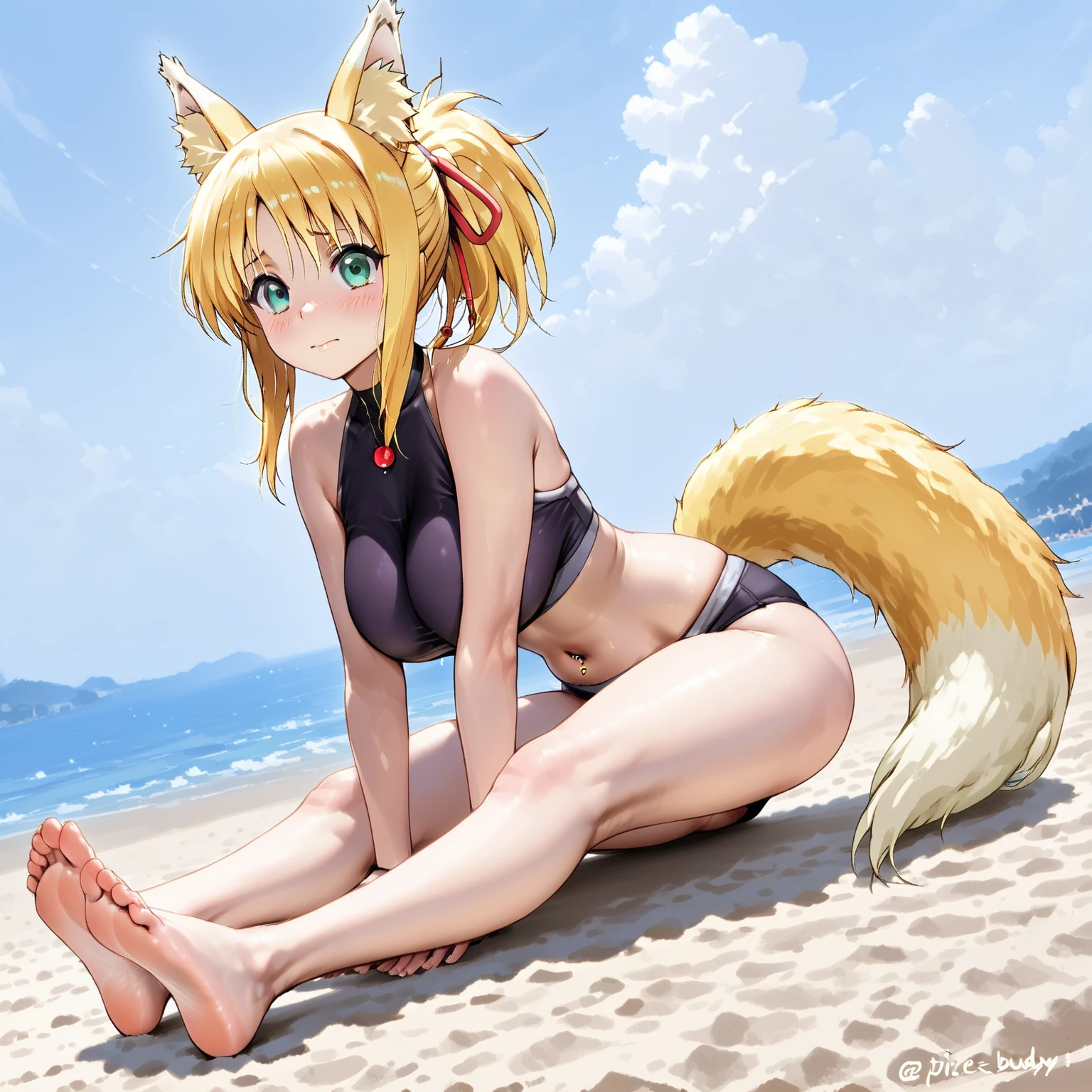 (hyperrealistic), a fox girl with a white fox tail, Sarah Fox, blonde with ponytail, detailed purple eyes, happy, arms behind head, purple camouflage bikini, trained body, medium breasts, sitting on a stone, at the beach, at night