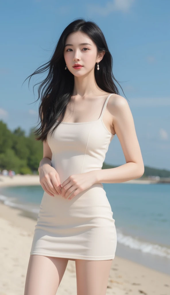 1 Girl,seaside,Soft Light,Chinese Beauty,Suspender dress