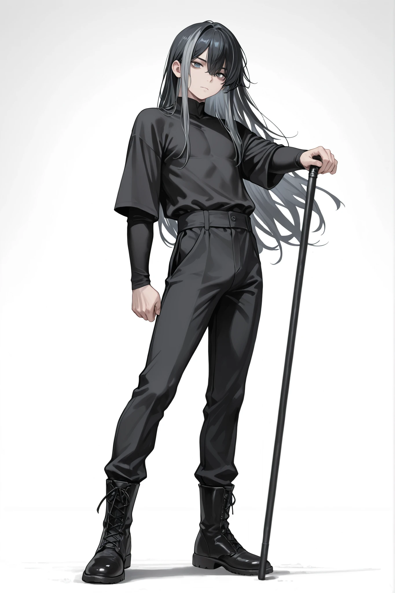 (Masterpiece, absurdres, newest topquality) 1boy, solo, maturemale, long hair, black hair, grey streaks, blue-greyish eyes, form fitting longsleeves, black shirt, black pants, black boots, standing, dynamic pose, white background, looking at viewer, hold a long black stick