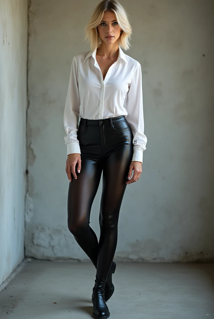 Short hair blonde woman. Dressed in black leather pants and a white blouse. The clothes are wet and tight to the woman's body. Is standing, inside the dining room of a wooden inn. The entire image has a medieval style.