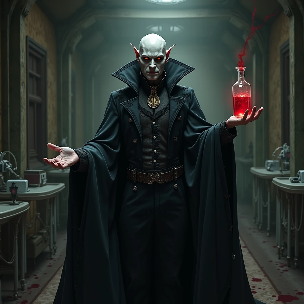 A very ugly vampire holding a glass goblet filled with blood. The vampire has pale, wrinkled skin, exaggerated features like a large, crooked nose, pointed ears, and sharp fangs. His eyes are sunken with dark circles, and his expression is menacing. He wears tattered, old-fashioned clothing, possibly a dark cloak with a high collar. The background is dark and eerie, maybe in an old, decrepit castle with stone walls and dim lighting. The glass goblet is ornate, reflecting a little bit of light, and filled with thick, red blood.