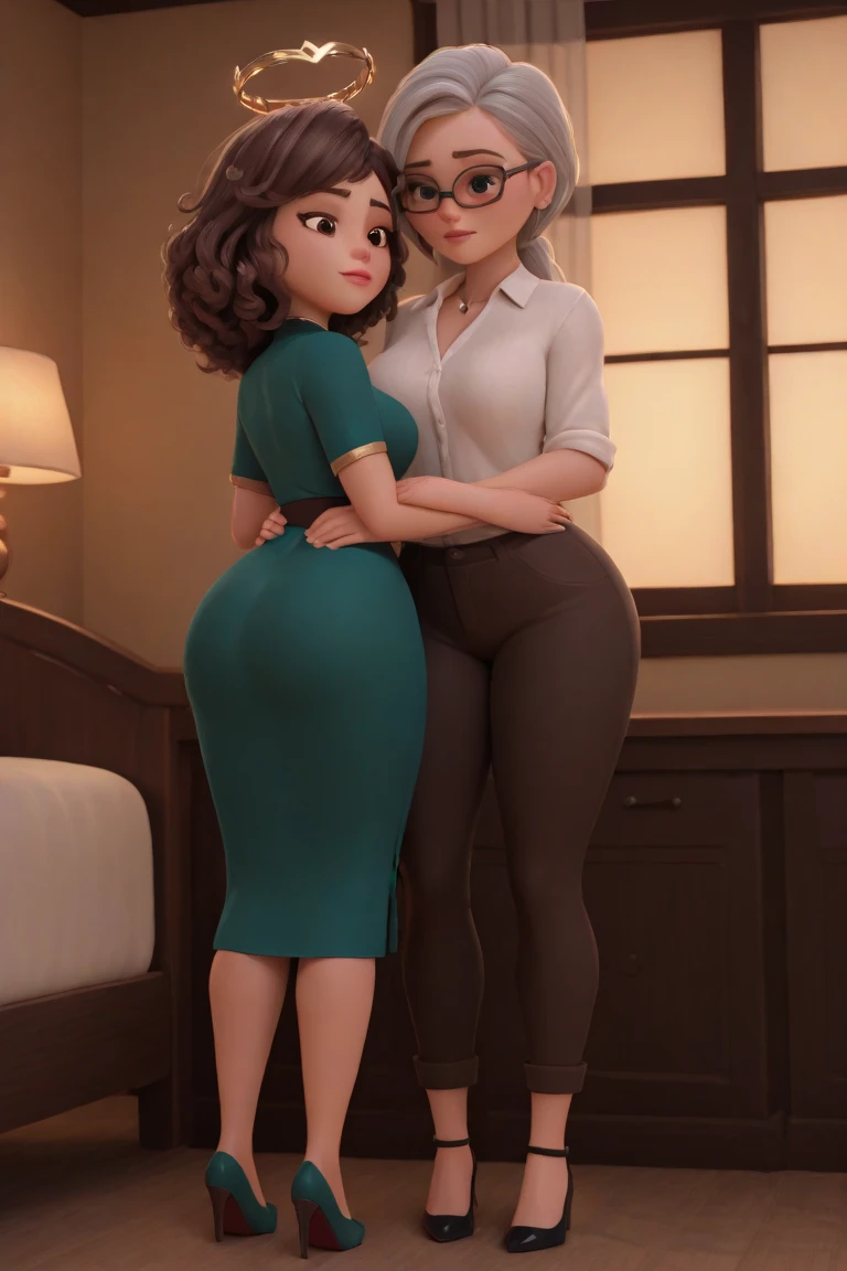 ((thick body mature women age 40 American milf super model))2 women wearing long sleeve tshirt with suit skirt, sitting in kitchen, (((spread legs, lift skirt show panties, surprise angy))), expose 1breast