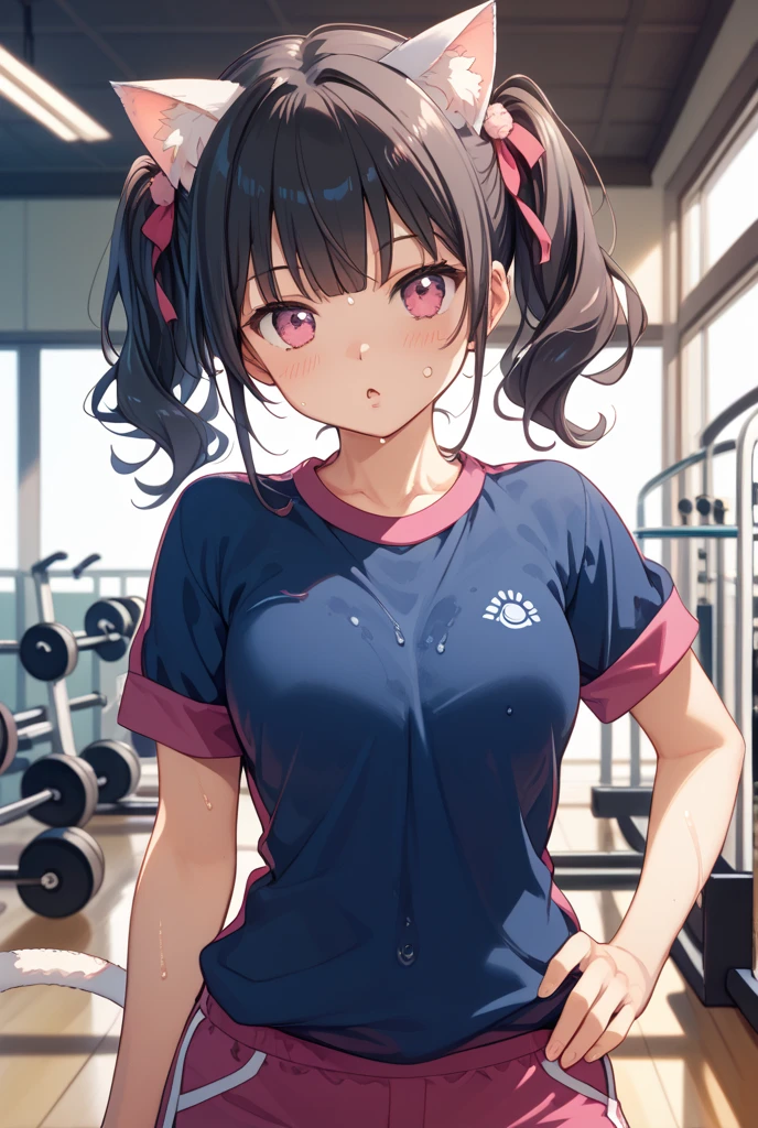 masterpiece、highest quality、Very detailed、Photograph the upper body、1 female、(Arms behind your back:1.4)、Are standing、Turn your body forward、View your viewers、(gymwear:1.2、red buruma:1.2)、blush、shy、Purple Hair、Open your mouth、Schoolyard、Ground、Big Breasts、