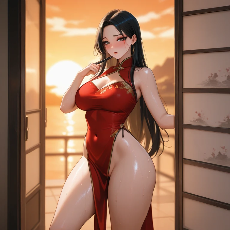 (from outside) (Shiny skin), many colors,best quality best,Masterpiece,Photo-realistic,complicated details,RAW photos,court,Gorgeous cheongsam in many colorss,extra long hair,Crooked shoulders,delicate face,Revealing the cleavage,decorate,standing by the window,on a cheongsam,lace,Underwear,decorate,revealing thighs,Close-up from the front,looking at camera.She arched her ass for the dog to see and he jumped and pounded her ass..