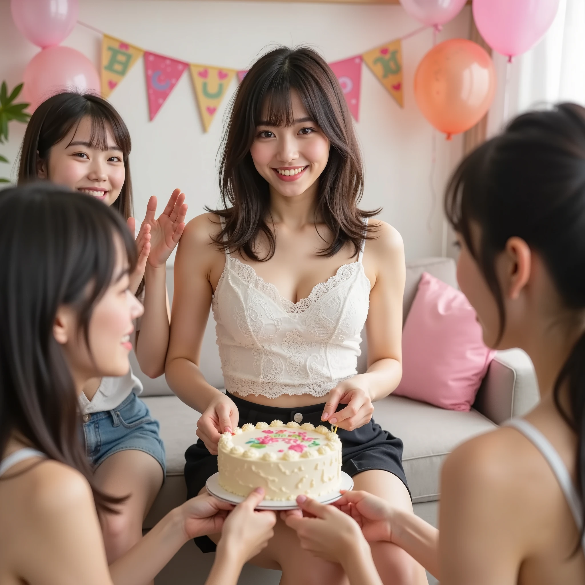 『the face and hairstyle have a different vibe２ Japanese girls in tennis panties:1.9』『Real Photo:1.3』Highest Quality:1.2、((big breasts))、slender body,I can see a little cleavage、((young 20 year old woman ))、((smiling:1.3))、(((anatomically correct、Perfect Anatomy、anatomically correct指)))、realistic, Highest Quality, ultra high resolution, RAW Photo, (Curvy body)、full body,looks like an idol and has a birthday party with 3 friends,The protagonist has a happy face and is receiving a gift in a wrapped bag,costume.The hairstyle is disjointed,,costumeは白のレースのノースリーブシャツと黒のミニスカートの子,a  wearing a gray dress on a white v-neck t-shirt,A  in a black lace cotton dress,There is a whole cake on the table,The background is in the living room and the wall is decorated with happy birthday balloons,Friends are clapping,A cute living room with pink cushions etc.