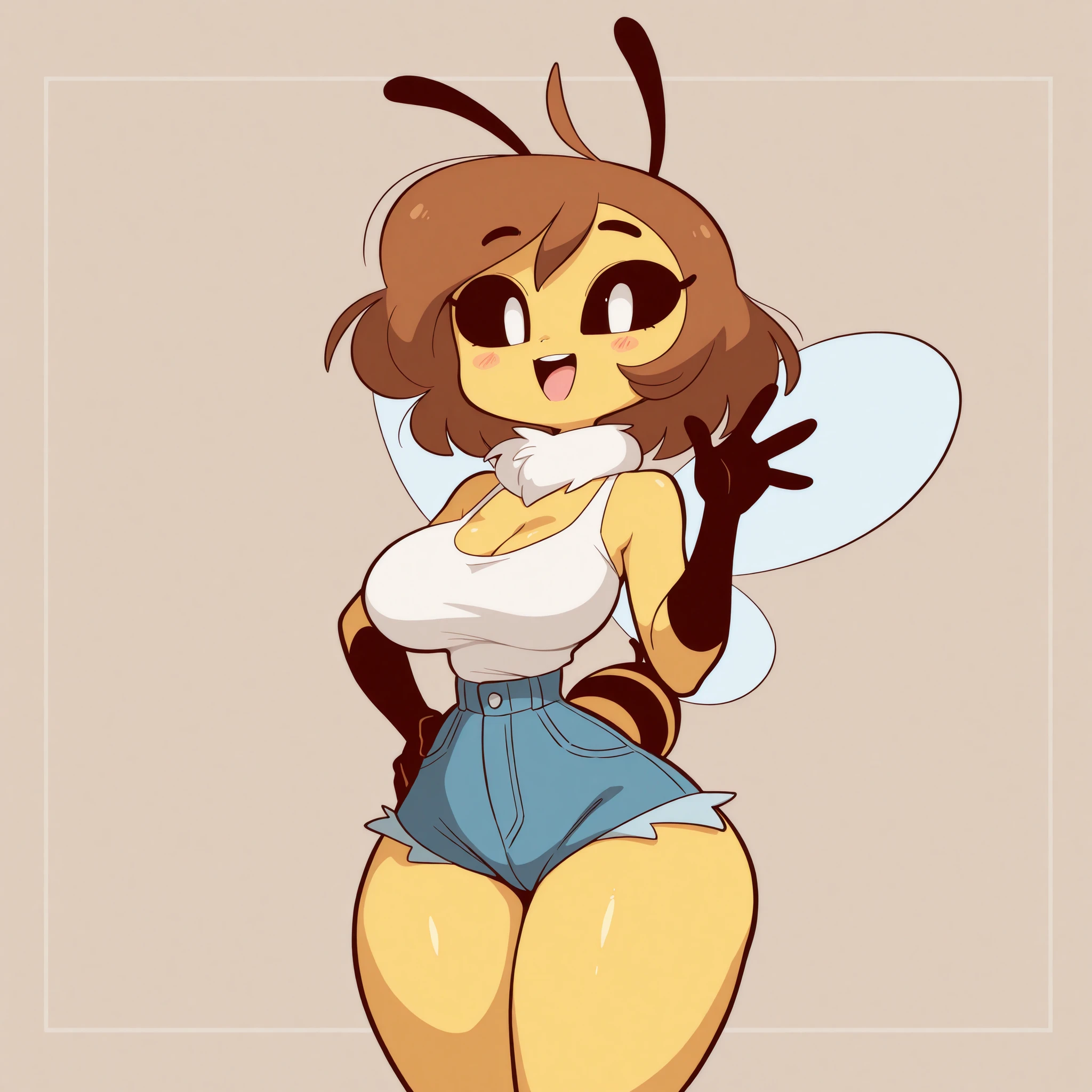 masterpiece, best quality, amazing quality, very aesthetic, absurdres, high res, shiny skin, diives, 1girl, solo, anthro furry, bee, long brown hair, black sclera, white eyes, yellow skin, white fur collar, antennae, bee wings, big breasts, narrow waist, wide hips, thick thighs, white tank top, denim shorts, blushed, smile, open mouth, cute, waving hand, hand on hips, standing, looking at viewer, simple background, from the front view