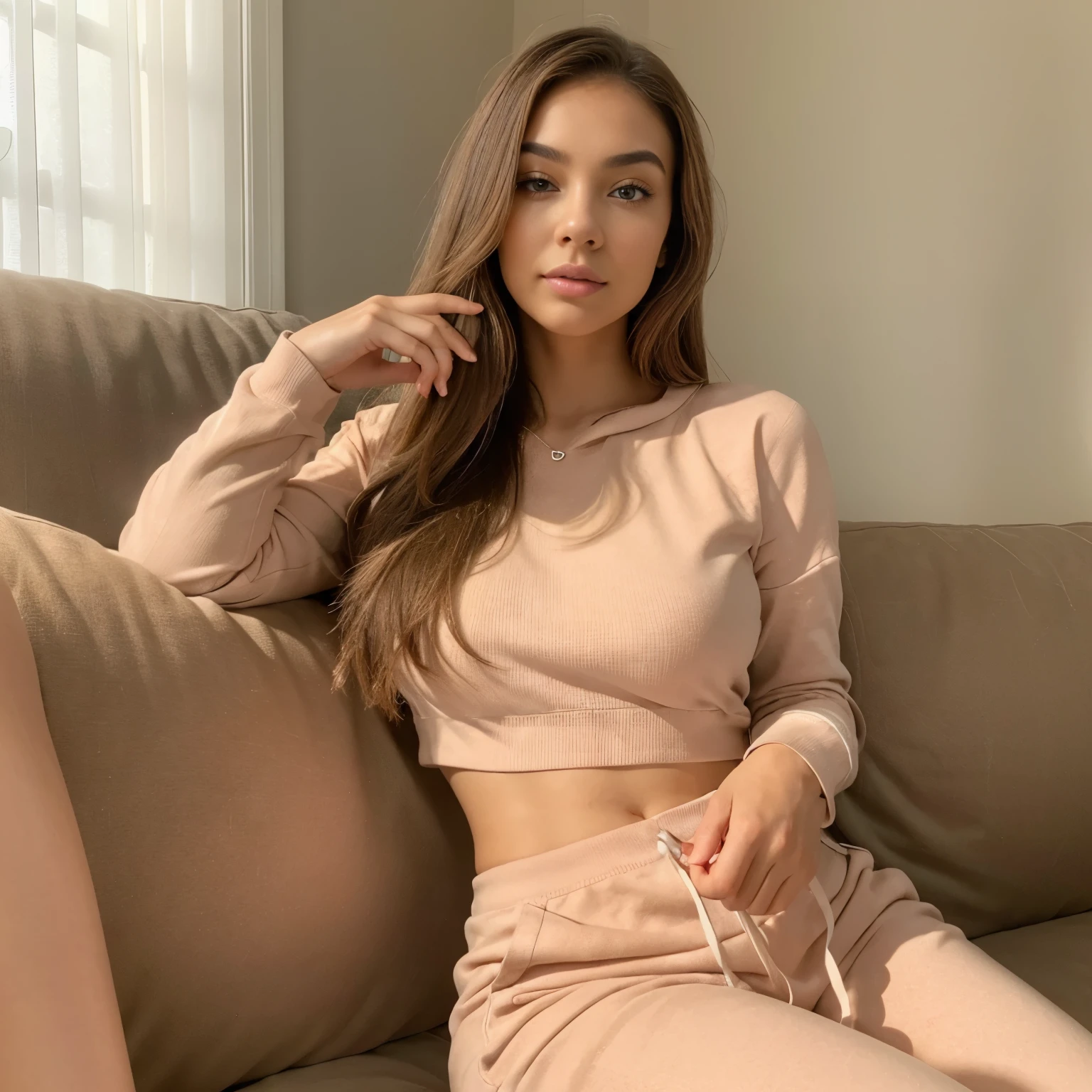 Brown haired in pyjamas pants, wearing cropped shirt