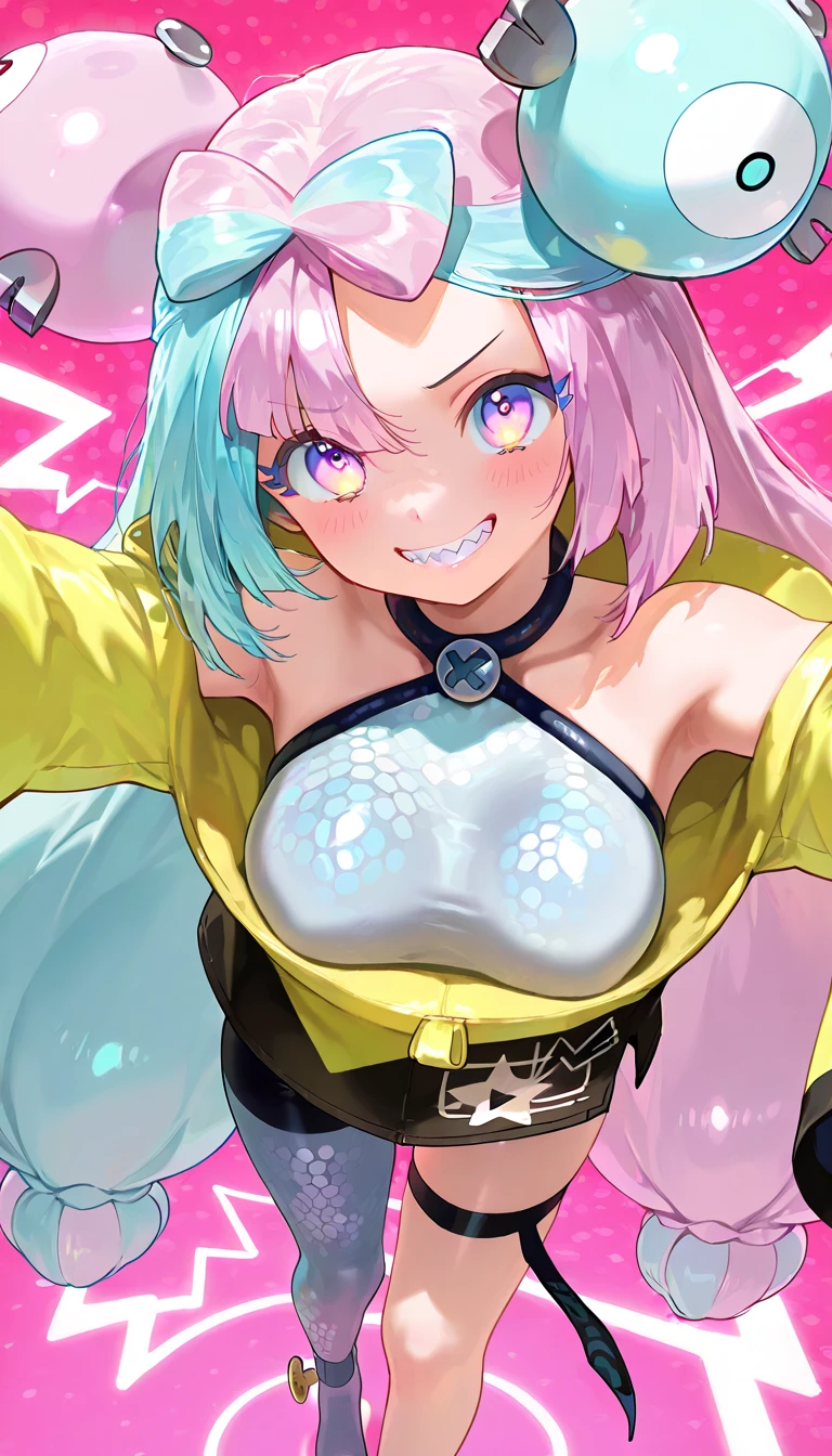 (cat ears, pink hair, profile, deformed background, (flat color), solo, mature close-up face, (illustration), many layers, limited tone, isometric, dribbble style illustration, vivid pink hair, clear eyes, colored_skin, (green_hair), jacket, long_hair, looking at viewer, parted_lips, smile, solo), visible large breasts, nsfw