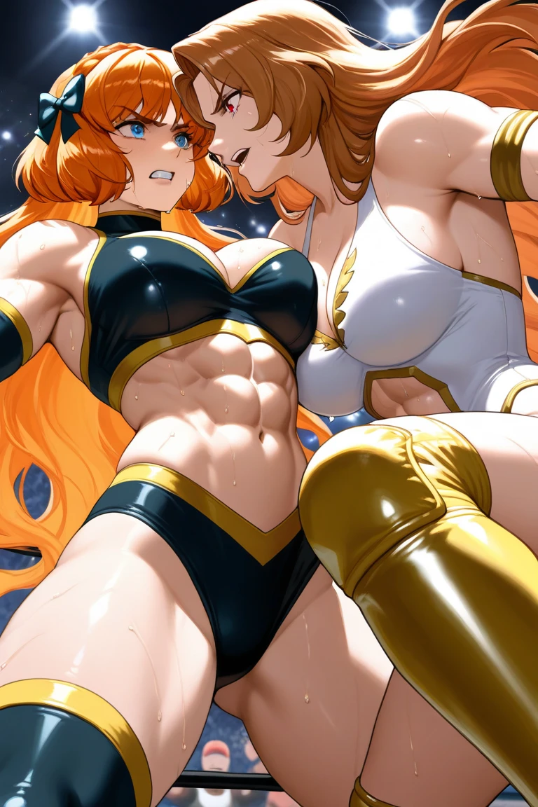 Omega Strikers、Usher、(((Brown skin)))+++、(((Black Skin)))+ ++、Muscular busty mature woman、Muscular busty mature woman、Muscular busty mature woman、Shaggy orange hair、(((Wrap a bandage around the chest)))+++、(((Wrap a bandage around the chest)))+ ++、Black eyepatch on right eye、Black shorts、Black Stockings、Black gloves、Ferocious、Ferociousな笑み、Battle Maniac、Wrap a white jacket around your waist、Black bangles、Abdominal muscles、Six Pack、Brown skinでBlack Skin、