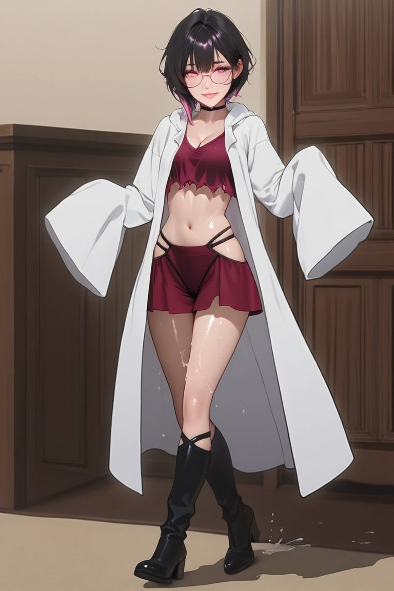 (Masterpiece, plain background:1.2) 1sologirl female full body, standing straight symmetrical barefoot barehands together looking to camera view from farther shot below angle, strong abs, red cheeks smiling, dark elf, darkest blacked elf skin, long mess white hair, red eyes, circlet, 1990s style retro game, bikini robe stockings sleeves