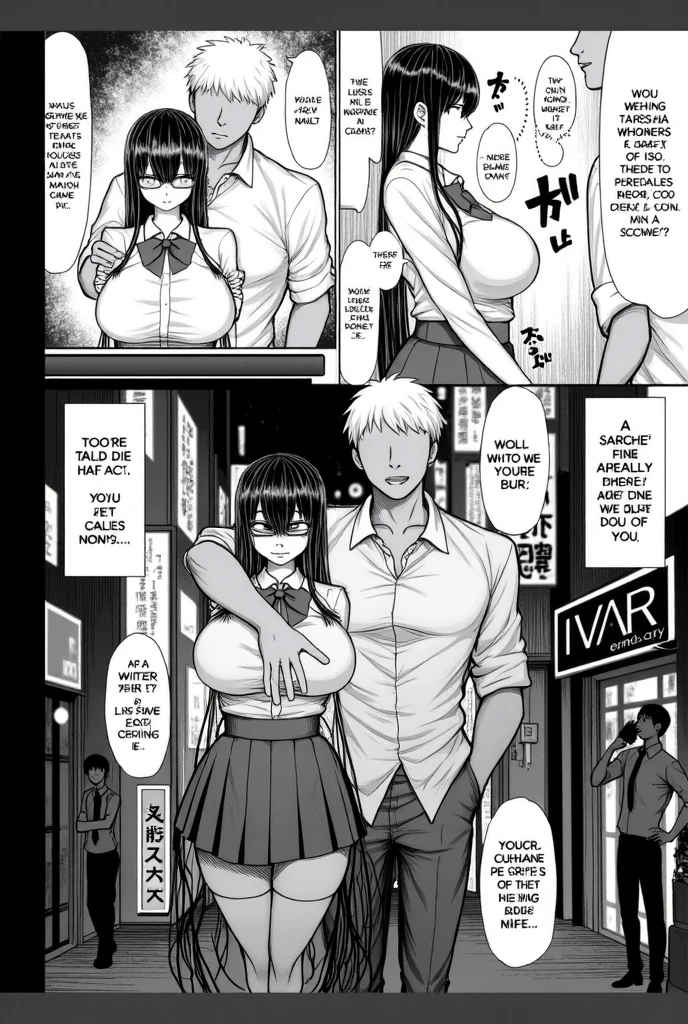 a couple of anime characters hugging in front of a building, oppai, black and white manga page, oppai cyberpunk, doujin, black and white manga panel, in a bar, black and white manga comic, hanayamata, black and white manga, teasing smile, (sfw) safe for work, at a bar, oppai proportions